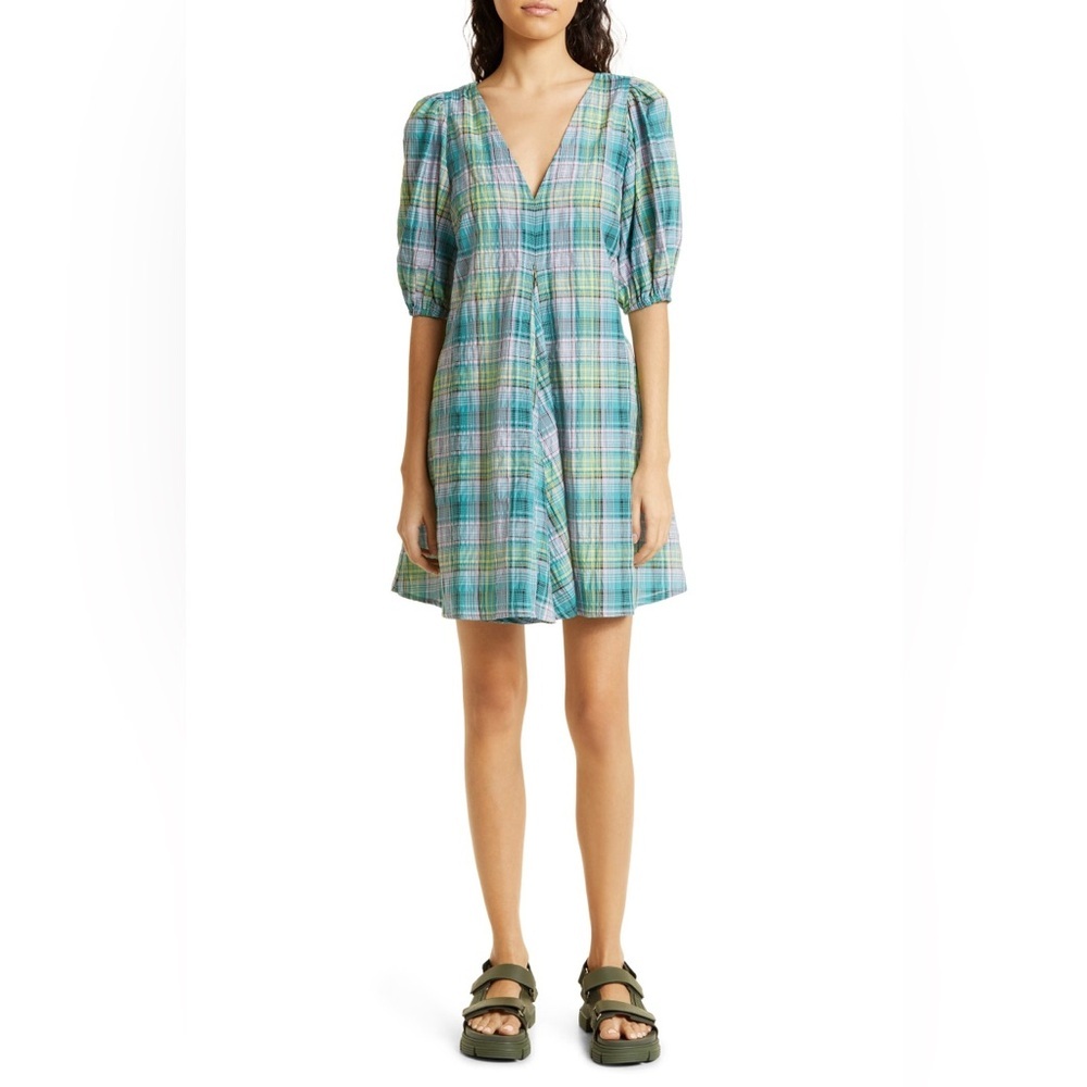 GANNI Plaid Puff Sleeve Mini Dress Size 38 / US 6 Green Blue Check V-Neck